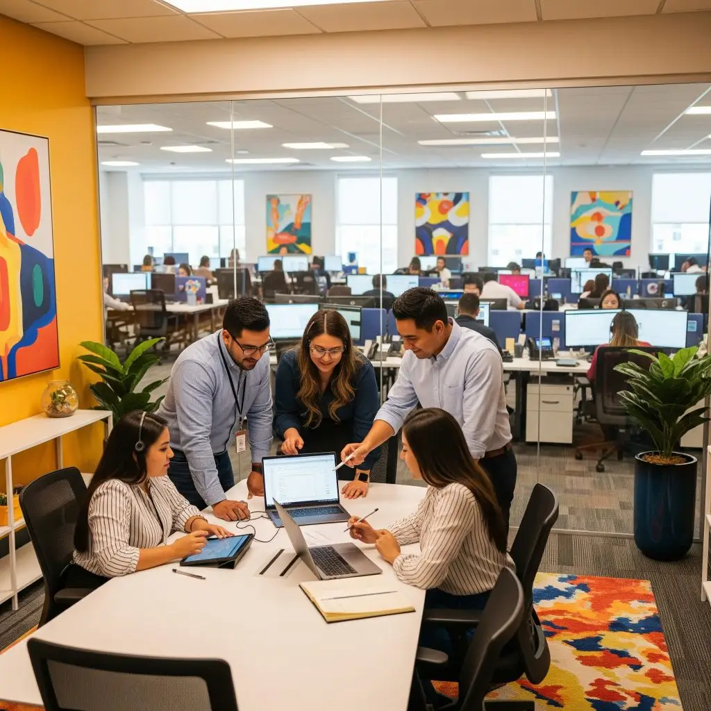 Nearshore Call Center Agents Collaborating 
