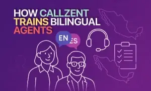 How CallZent Trains Bilingual Agents Two call center agents with EN/ES speech bubbles, headset and checklist icons, and a Mexico–U.S. map on a deep purple background.