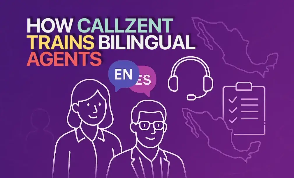 How CallZent Trains Bilingual Agents Two call center agents with EN/ES speech bubbles, headset and checklist icons, and a Mexico–U.S. map on a deep purple background.