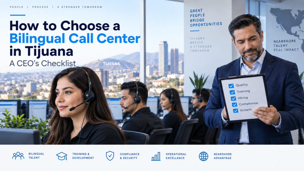 Bilingual call center in Tijuana with customer service agents, professional management, and the Tijuana city skyline.
