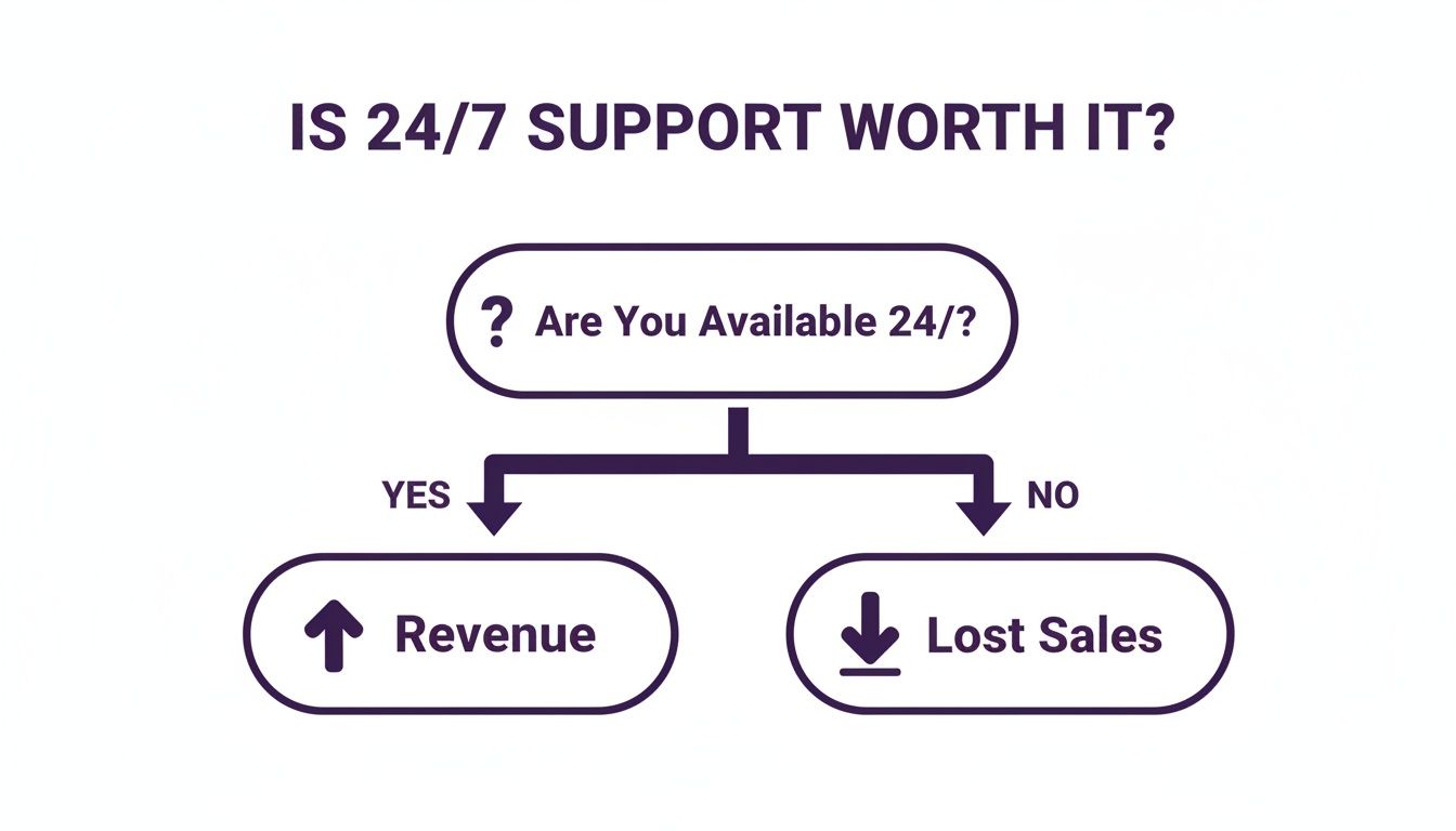 24/7 Customer Service Is Your New Competitive Edge 2 A flowchart analyzing if 24/7 support is worth it, linking availability to revenue or lost sales.