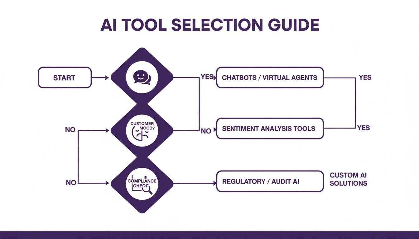 The Best Call Center Software for Small Business in 2026 3 AI tool selection guide flowchart detailing paths for chatbots, sentiment analysis, and regulatory AI solutions.