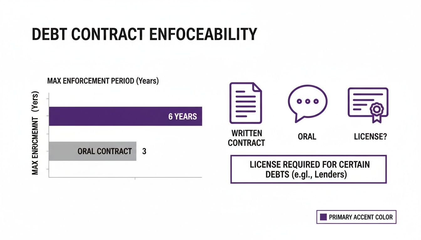 The 2026 Guide to Debt Collection Laws by State 1 Infographic showing debt contract enforceability, comparing enforcement periods for written (6 years) and oral (3 years) contracts.