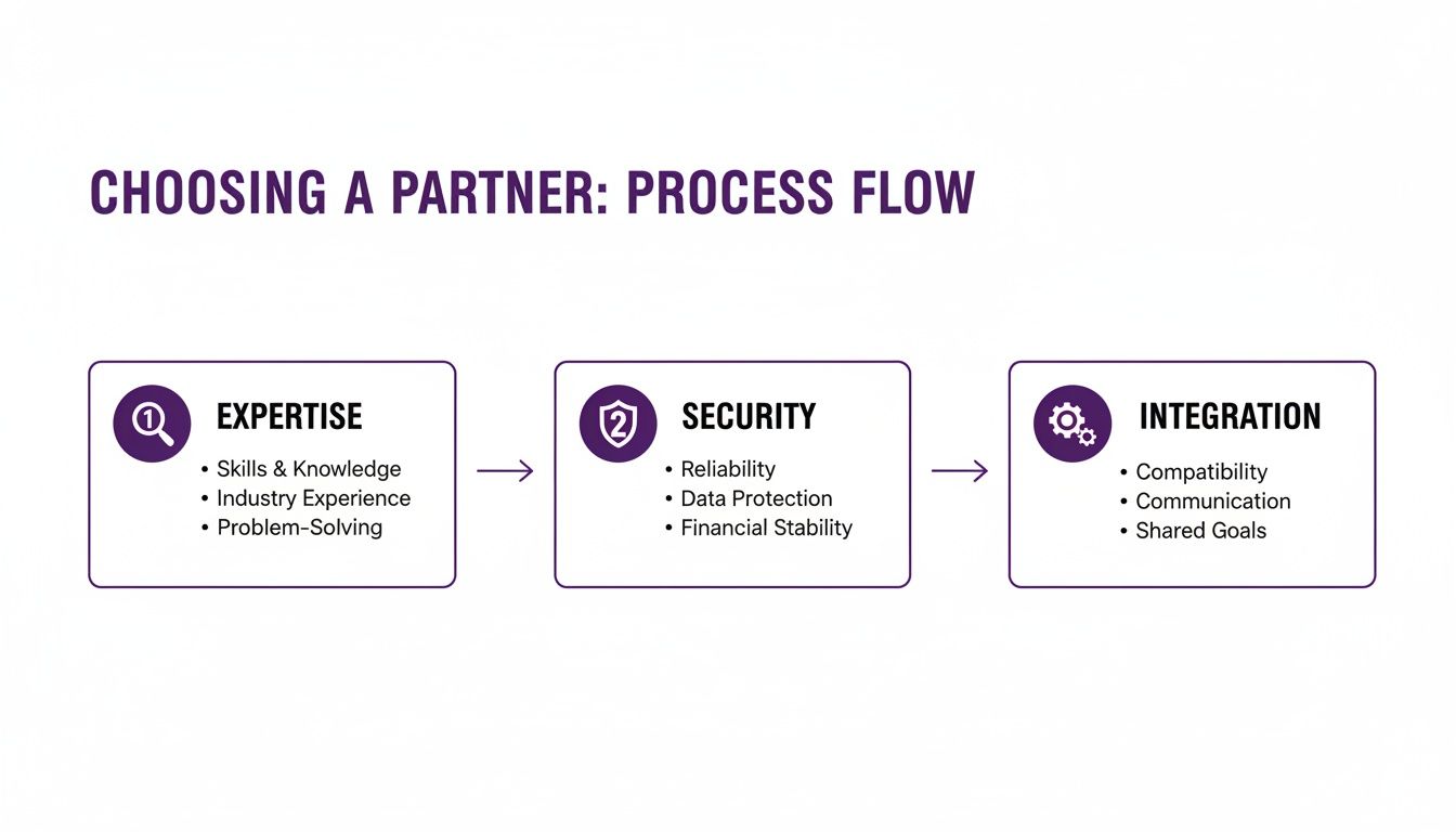 Your Guide to Insurance Back Office Outsourcing 3 A process flow diagram details three steps for choosing a partner: Expertise, Security, and Integration.