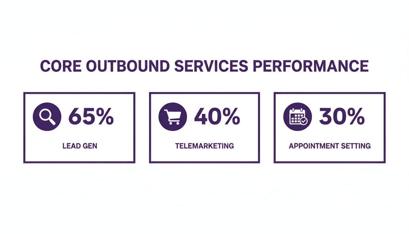 Outbound Call Center Services: The Engine Behind Scalable Business Growth 2 Visualizing core outbound service performance, showing 65% Lead Gen, 40% Telemarketing, and 30% Appointment Setting.
