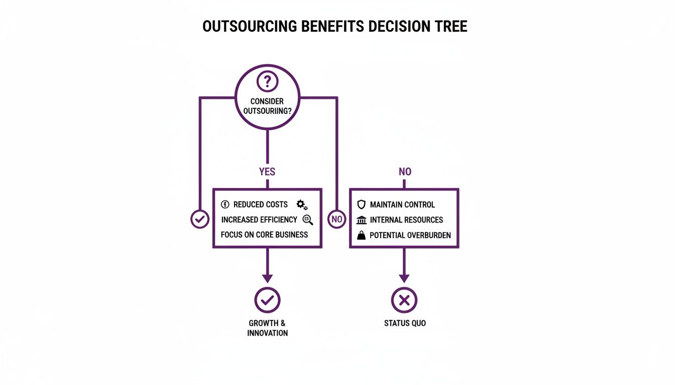 Outsource Back Office Services: The Smart Strategy for Scaling Operations 3 A decision tree diagram illustrating the benefits and considerations of outsourcing for business growth.