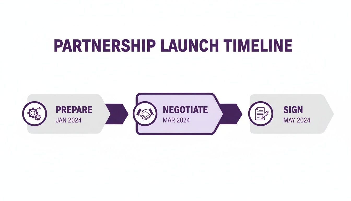 Drowning in Data? When It’s Time to Outsource Data Entry Services 3 A partnership launch timeline showing three stages: Prepare (Jan 2024), Negotiate (Mar 2024), and Sign (May 2024).