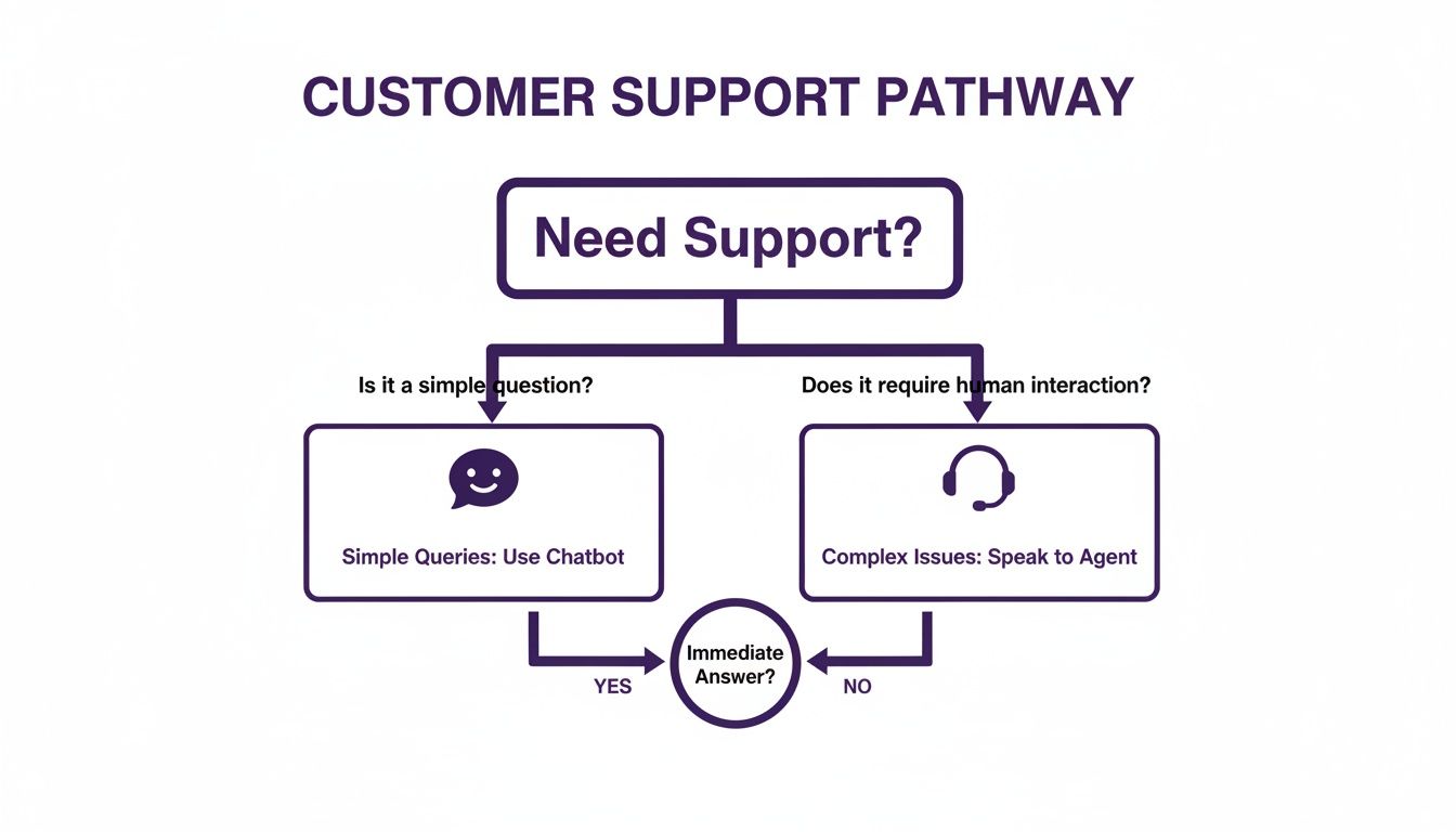 Outsourced Customer Support Services: The Complete Growth Guide 2 Flowchart illustrating customer support pathway: simple questions go to chatbot, complex issues to an agent.