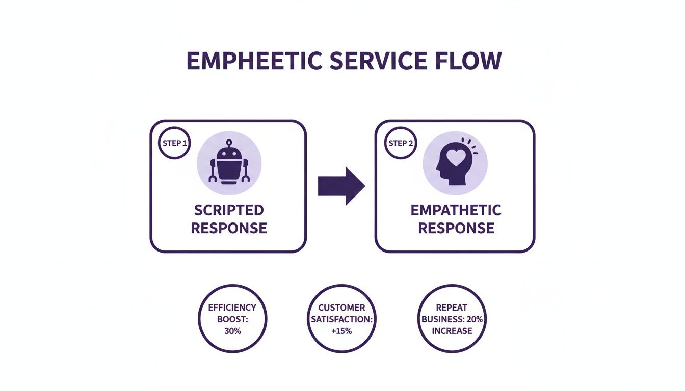 What Defines Excellent Customer Service? A Modern Guide 3 Service flow diagram showing a shift from scripted to empathetic responses, detailing service benefits.