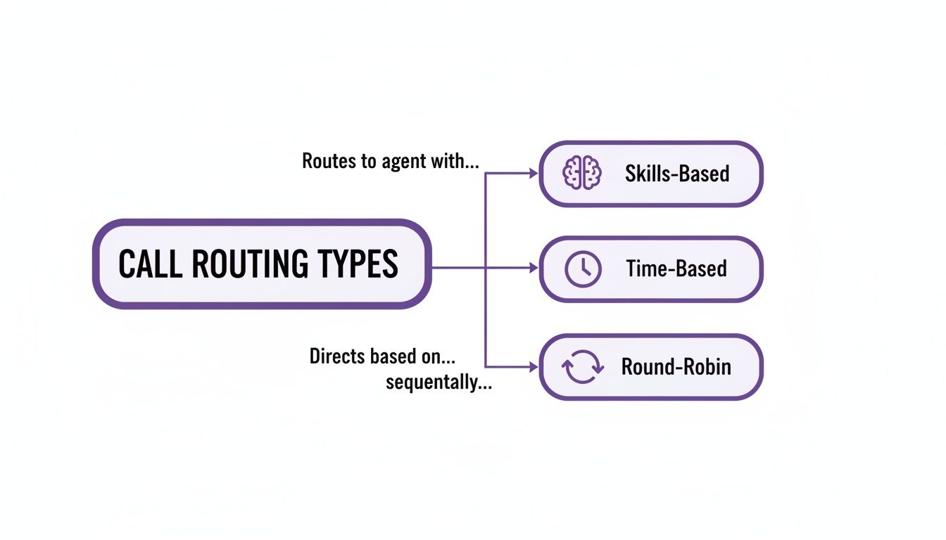 What Is Call Routing? A Guide to Smarter Customer Connections 2 A diagram illustrating three call routing types: Skills-Based, Time-Based, and Round-Robin.