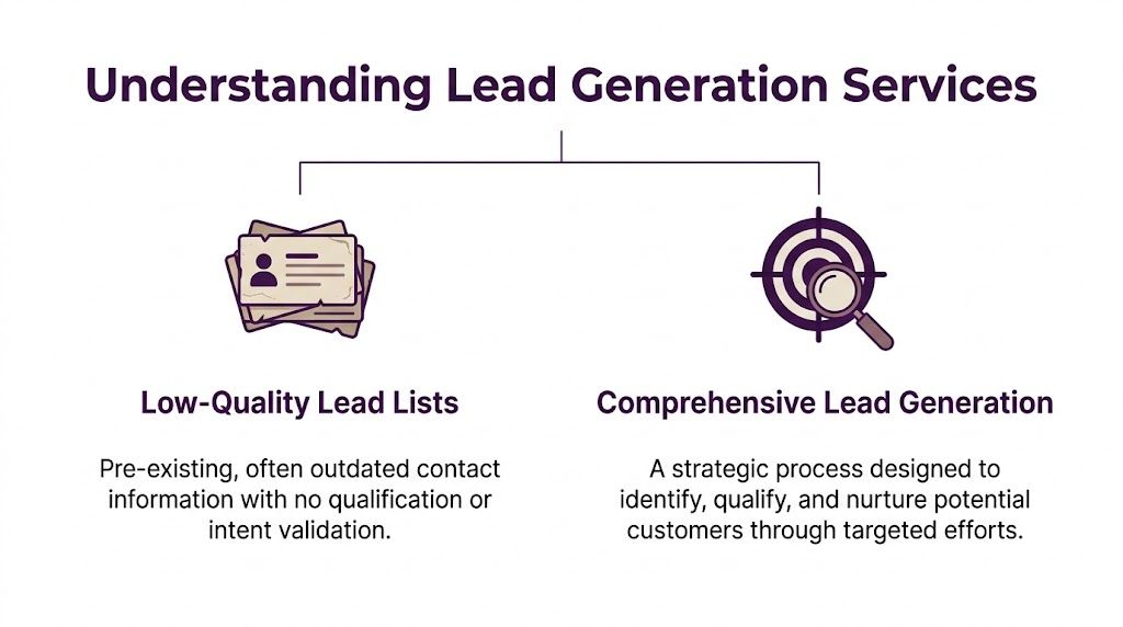 Affordable Lead Generation Services: Find Your Best Value 1 A diagram comparing low-quality lead lists with comprehensive, strategic lead generation services for businesses.