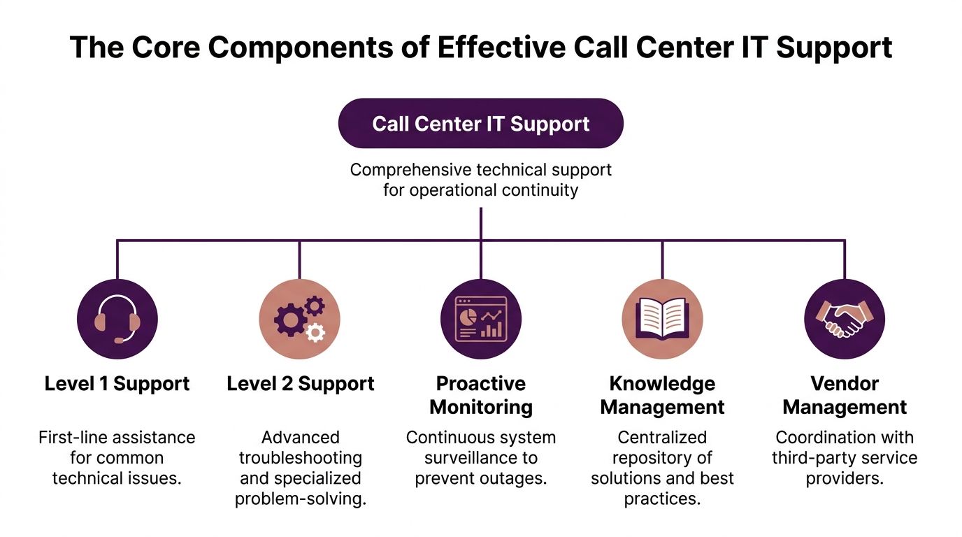 Call Center IT Support for 2026 Growth and Resilience 2 A diagram illustrating the core components of effective IT support for call center operations.