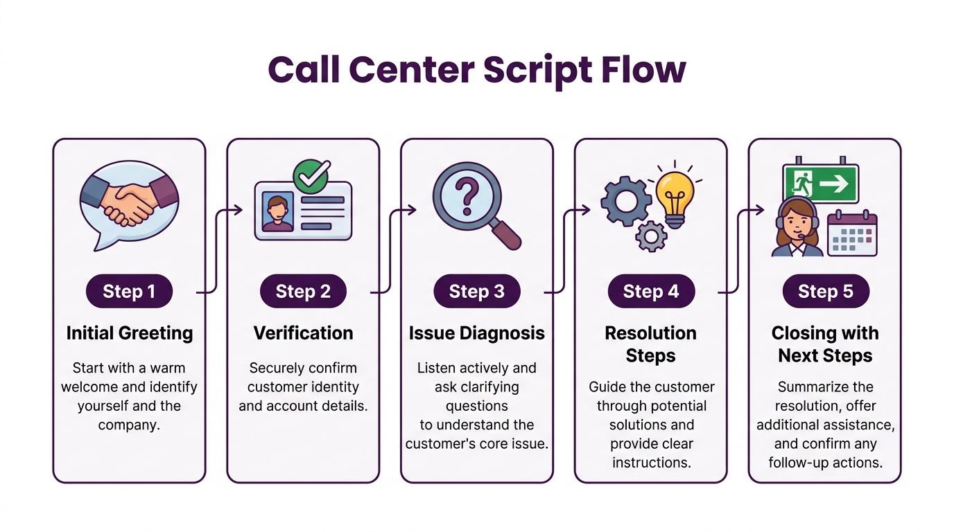 Call Center Script Guide for High-Converting Calls 2 A flowchart showing the five steps of a professional call center script process from greeting to closing.