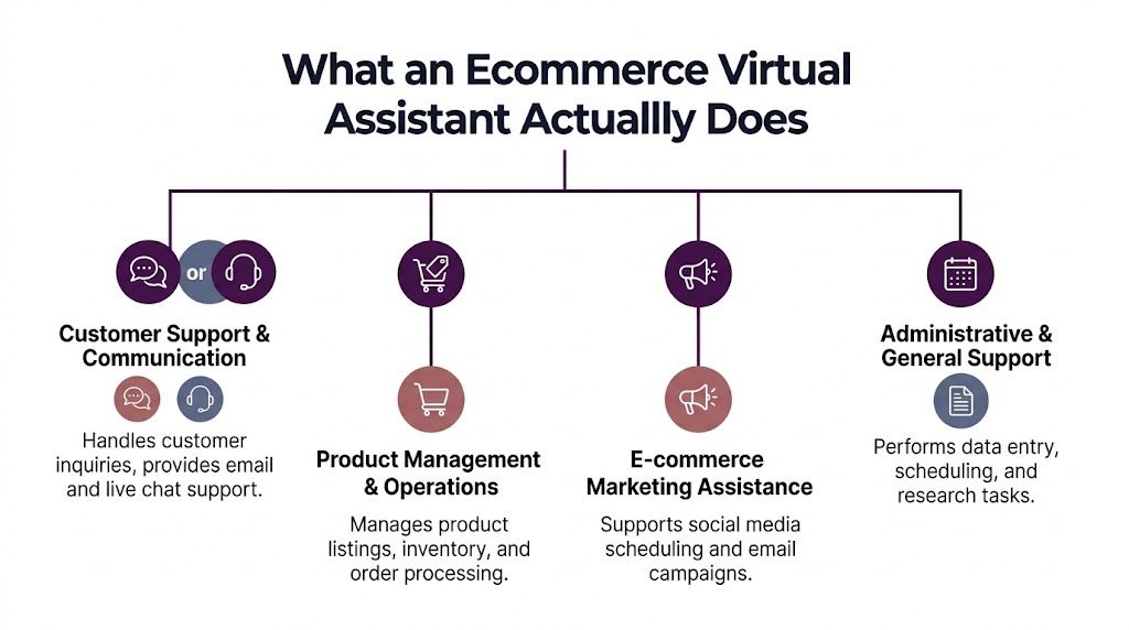 Boost Growth your Business with Ecommerce Virtual Assistants 1 A flowchart infographic displaying the four primary roles and responsibilities of an ecommerce virtual assistant.