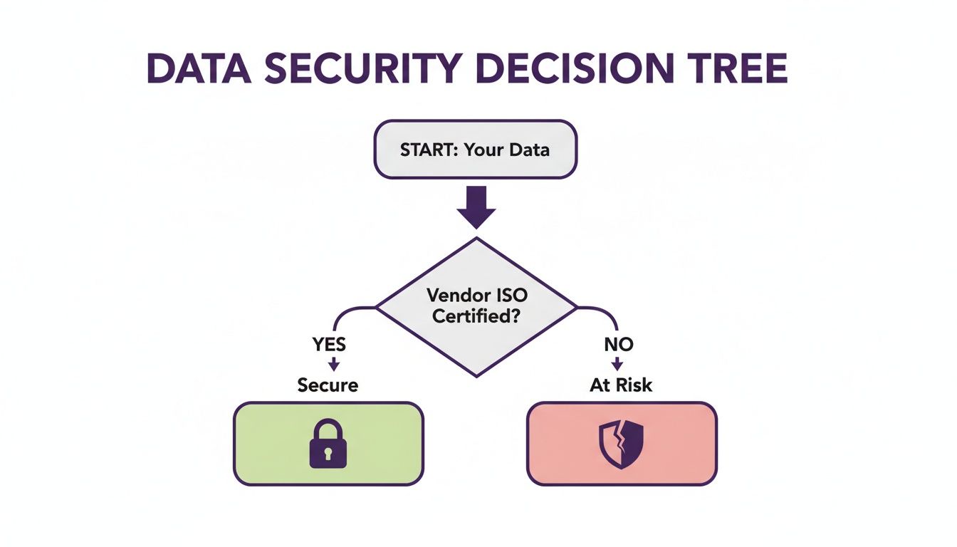 Your Guide to Offshoring Call Centers in 2026 3 Data security decision tree flowchart evaluating vendor ISO certification status to determine data safety.
