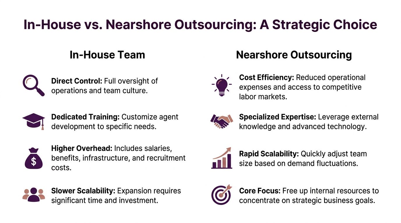 Outbound Call Center Agents: 2026 Guide & Best Practices 3 A comparison chart outlining the strategic advantages and disadvantages of in-house teams versus nearshore outsourcing services.