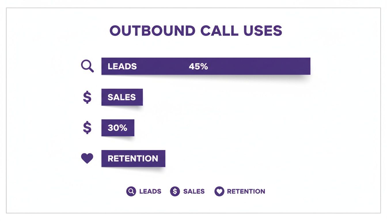 Outbound Call Center Outsourcing: The Ultimate Guide for 2026 3 Infographic showing outbound call uses: Leads (45%), Sales (30%), and Retention categories.