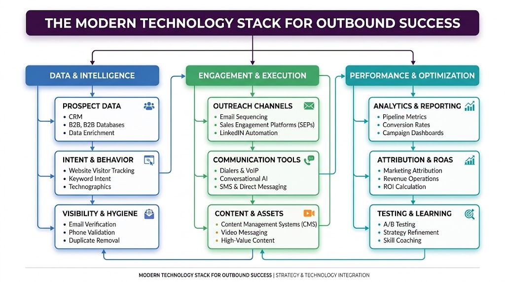 Outbound Call Center Solutions for Business Growth 2 A diagram illustrating the modern technology stack components for outbound sales success, categorized by process stages.