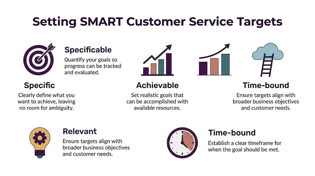 Mastering Performance Targets for Customer Service 2 An infographic titled Setting SMART Customer Service Targets, explaining the acronym's five essential business criteria for goal setting.