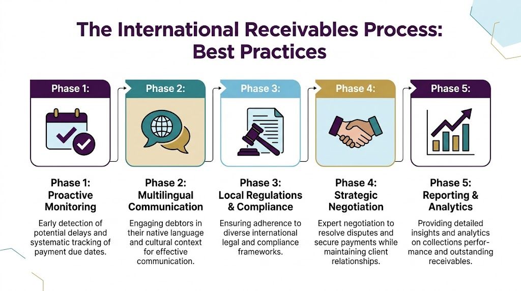Receivable Management Services International: Receivable 3 A five-phase process flowchart illustrating international receivables management best practices from monitoring to reporting.