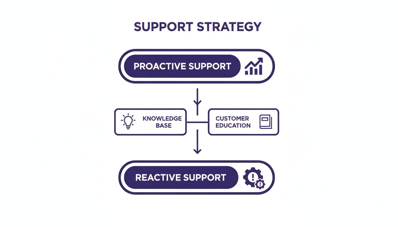 Unlocking Growth with Support & Maintenance Services in 2026 1 A flowchart outlines a support strategy, moving from proactive support through knowledge base and customer education to reactive support.