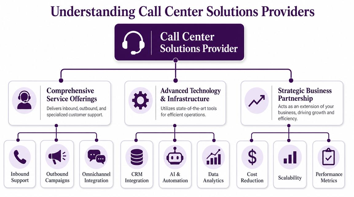 Call Center Solutions Provider: A Complete Guide for 2026 1 A hierarchical flowchart showing the core functions and strategic value of a call center solutions provider.