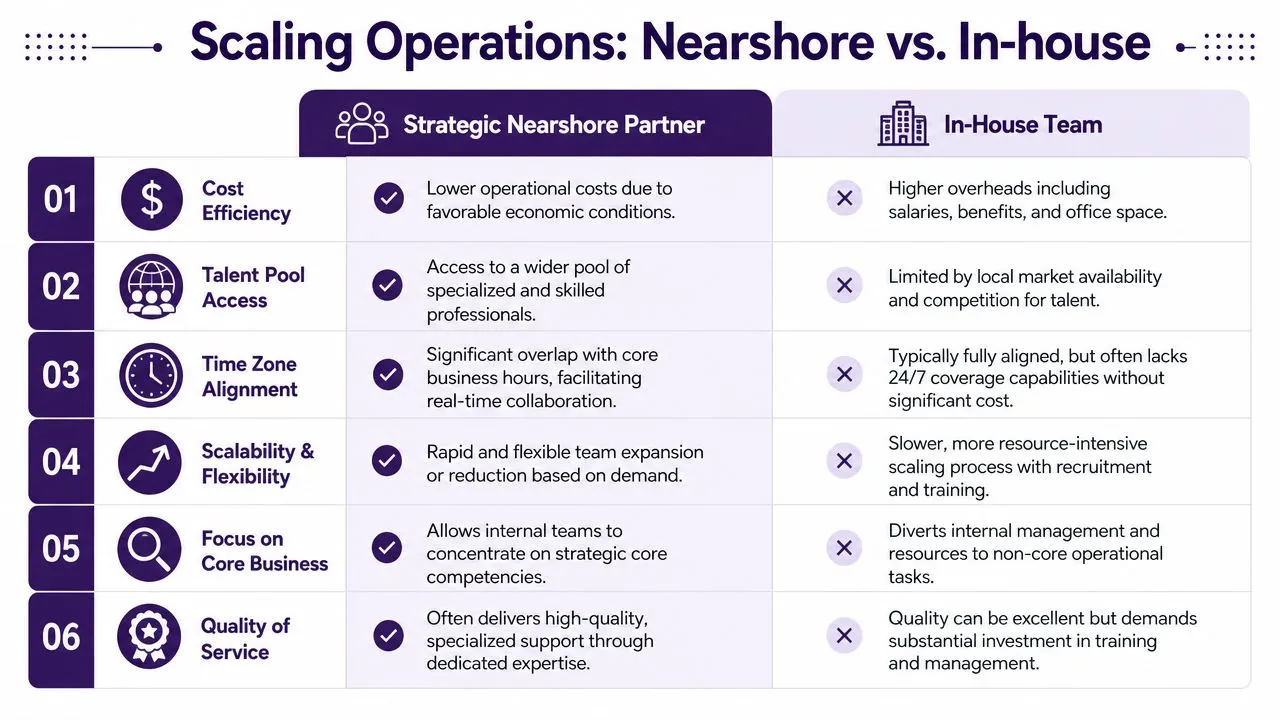 Develop Software as a Service: The Complete Guide 3 A comparison chart outlining the key operational advantages of choosing a strategic nearshore partner over an in-house team.