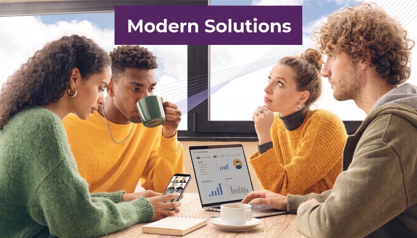 Global Call Center Solutions: A Complete Guide for 2026 1 A diverse group of four professionals collaborating and discussing data on a laptop in a modern office.