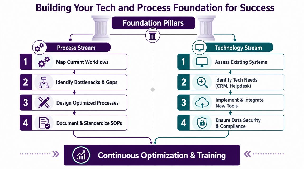 How Improve Customer Service: A Step-by-Step Playbook 3 A diagram illustrating two foundational pillars, process and technology streams, leading to continuous optimization and training for success.