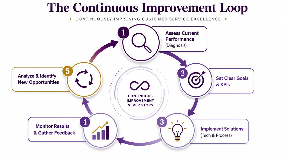 How Improve Customer Service: A Step-by-Step Playbook 4 A diagram illustrating the five-step continuous improvement loop for achieving excellence in customer service.