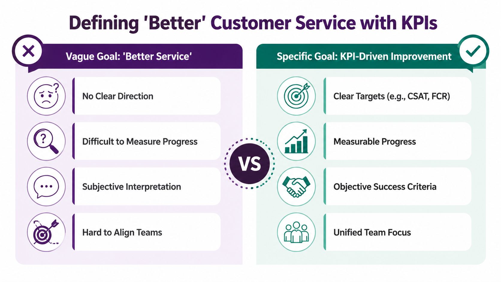 How Improve Customer Service: A Step-by-Step Playbook 2 A comparison chart showing how specific KPI-driven goals improve customer service compared to vague goals.