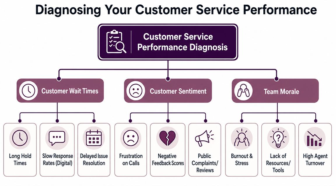 How Improve Customer Service: A Step-by-Step Playbook 1 A diagram illustrating customer service performance diagnosis broken down by wait times, sentiment, and team morale.