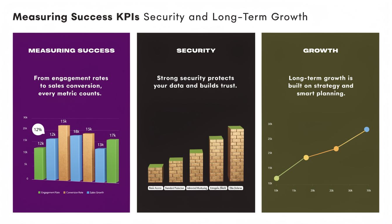 Mastering Outsourcing Virtual Assistants for 2026 Growth 4 An infographic displays three sections: measuring success metrics, cybersecurity defense levels, and long-term business growth strategies.