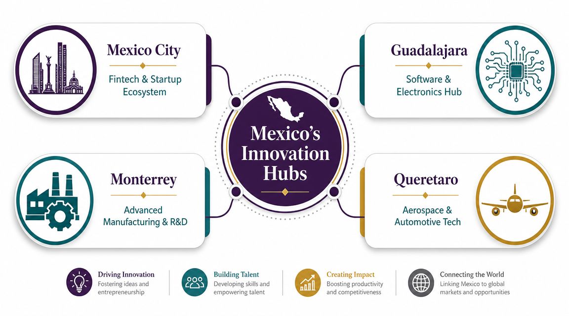 Technology in Mexico: Your 2026 Nearshoring Guide 1 A diagram showcasing four major innovation hubs in Mexico, including Mexico City, Guadalajara, Monterrey, and Queretaro.