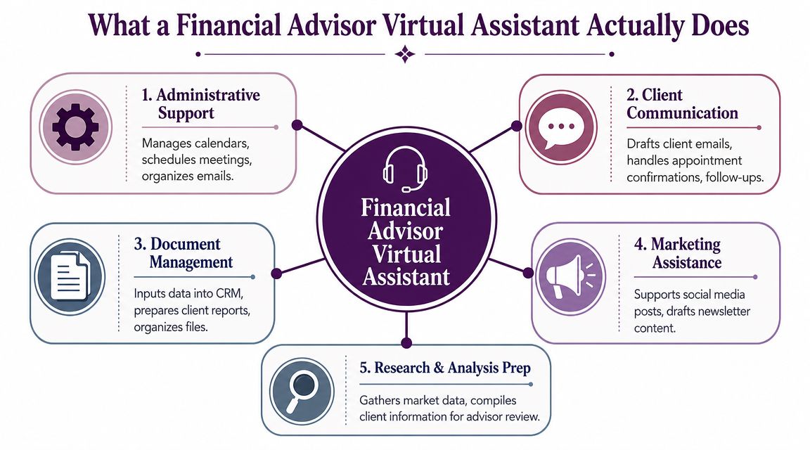 Virtual Assistant Services for Financial Advisors 1 A diagram illustrating the five core responsibilities of a financial advisor virtual assistant including administrative and marketing tasks.