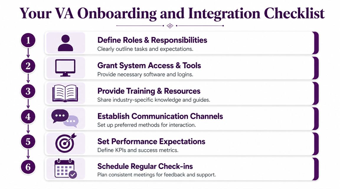Virtual Assistant Services for Real Estate: The 2026 Guide 4 A checklist of six essential steps for onboarding and integrating a virtual assistant into your business operations.