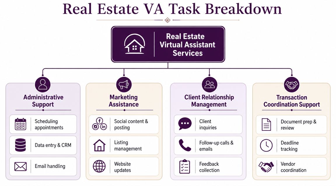 Virtual Assistant Services for Real Estate: The 2026 Guide 2 A diagram outlining various tasks performed by a virtual assistant for real estate professionals and agencies.