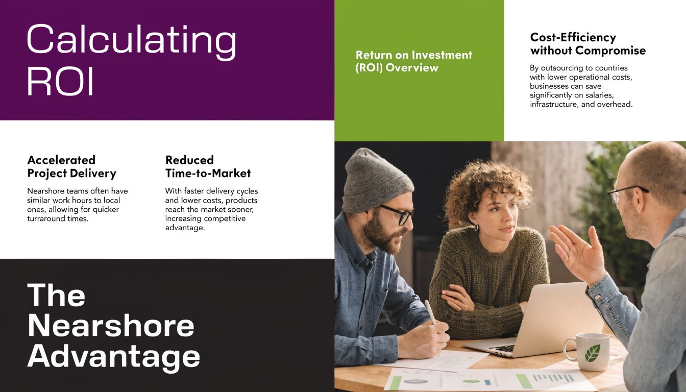 Virtual Assistant Services: The Smartest Way to Scale Your Business Efficiently 4 A professional infographic titled Calculating ROI explaining the business advantages of nearshore outsourcing with team members meeting.