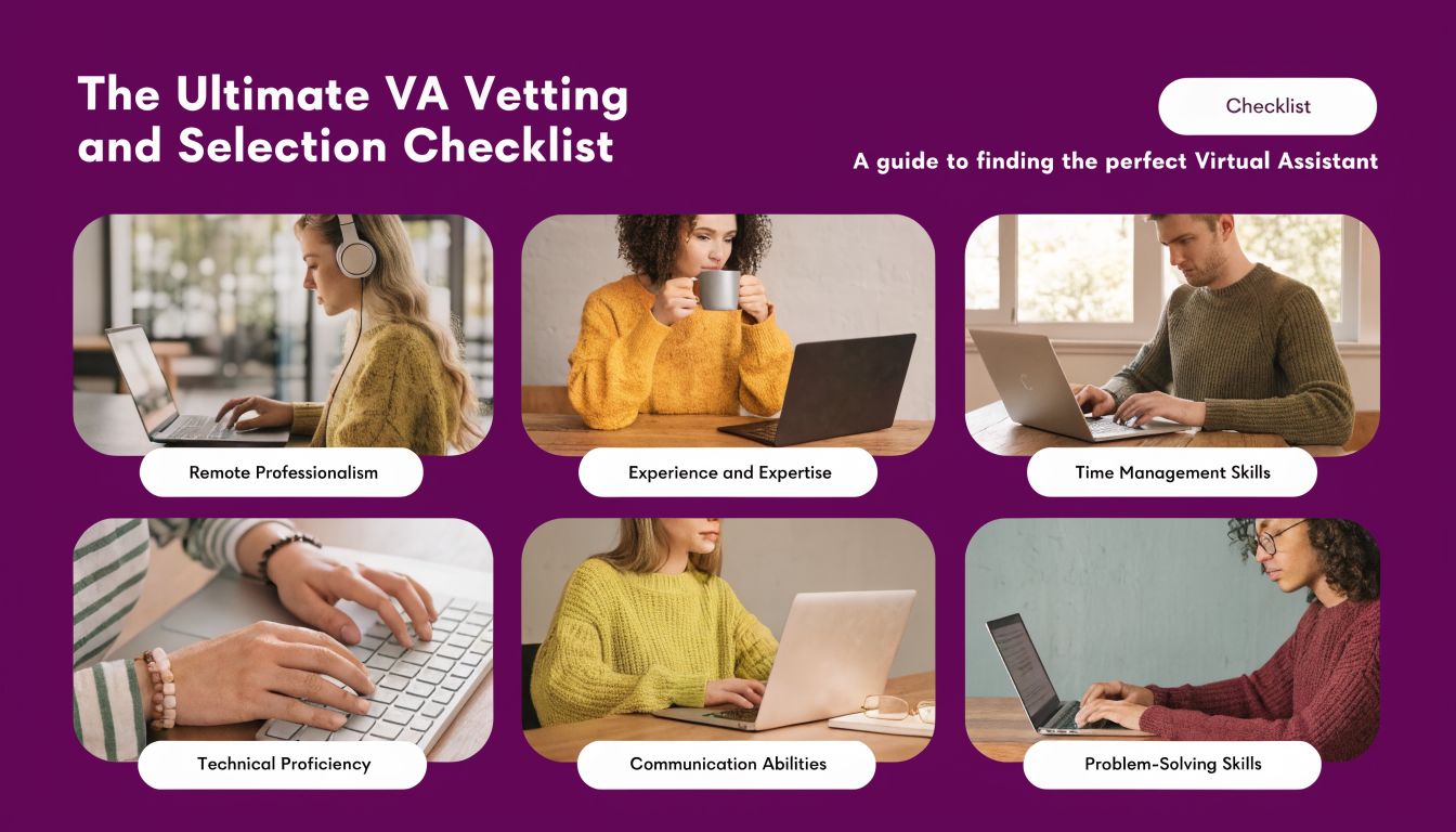 Virtual Assistant Services: The Smartest Way to Scale Your Business Efficiently 3 A visual guide titled The Ultimate VA Vetting and Selection Checklist detailing key skills for virtual assistants.