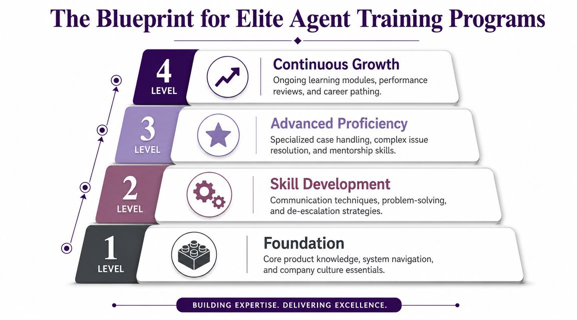 Agent Training Programs: A Guide for High-Growth Teams 1 A four-level pyramid infographic titled The Blueprint for Elite Agent Training Programs illustrating progressive staff development stages.