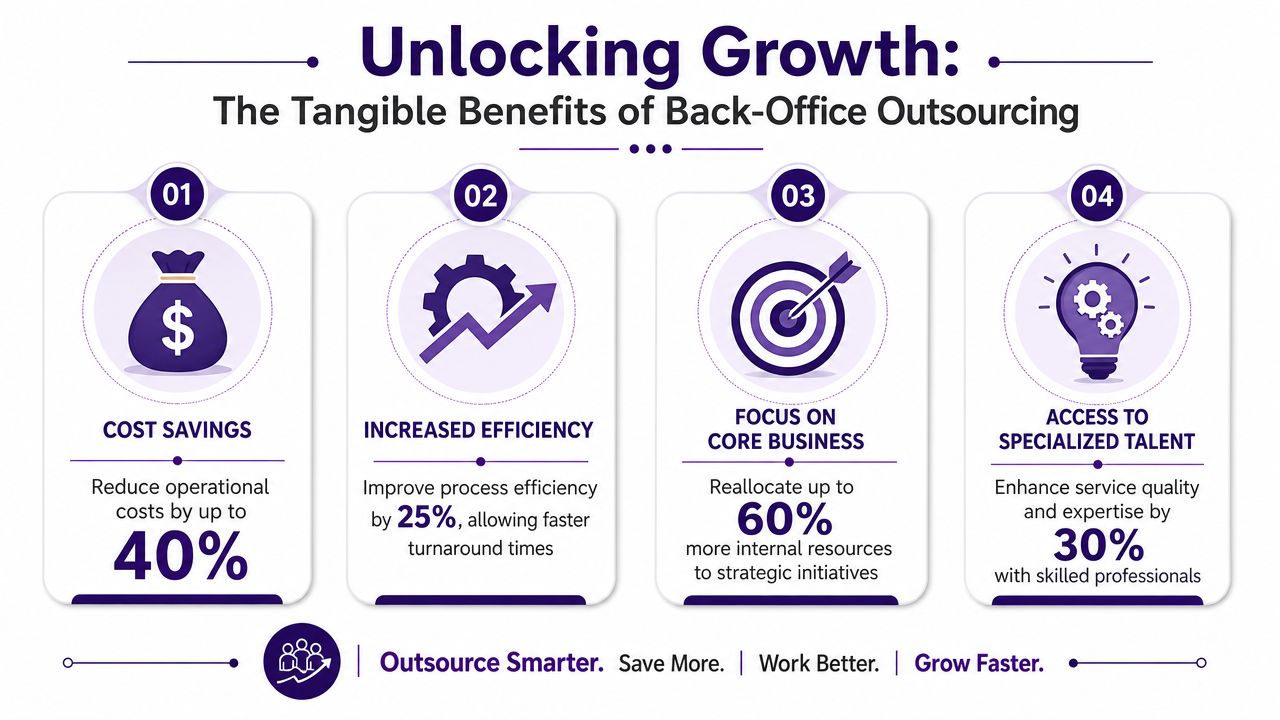 Back Office Nearshore Outsourcing: A Guide to Scaling Your Business 1 An infographic detailing the four key benefits of back-office outsourcing including cost, efficiency, focus, and talent.