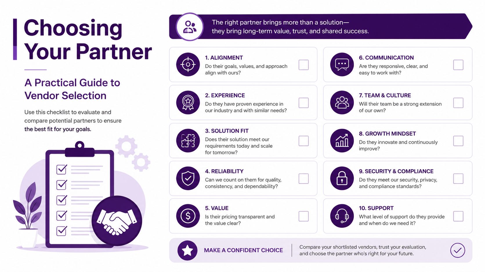 Back Office Nearshore Outsourcing: A Guide to Scaling Your Business 4 A professional infographic titled Choosing Your Partner, featuring a ten-point checklist for evaluating business vendors.