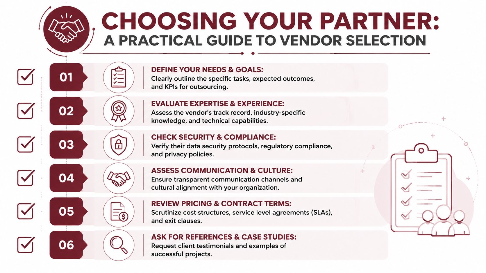 Back Office Nearshore Outsourcing: A Guide to Scaling Your Business 3 A practical guide graphic outlining six key steps for choosing and evaluating a business outsourcing partner.