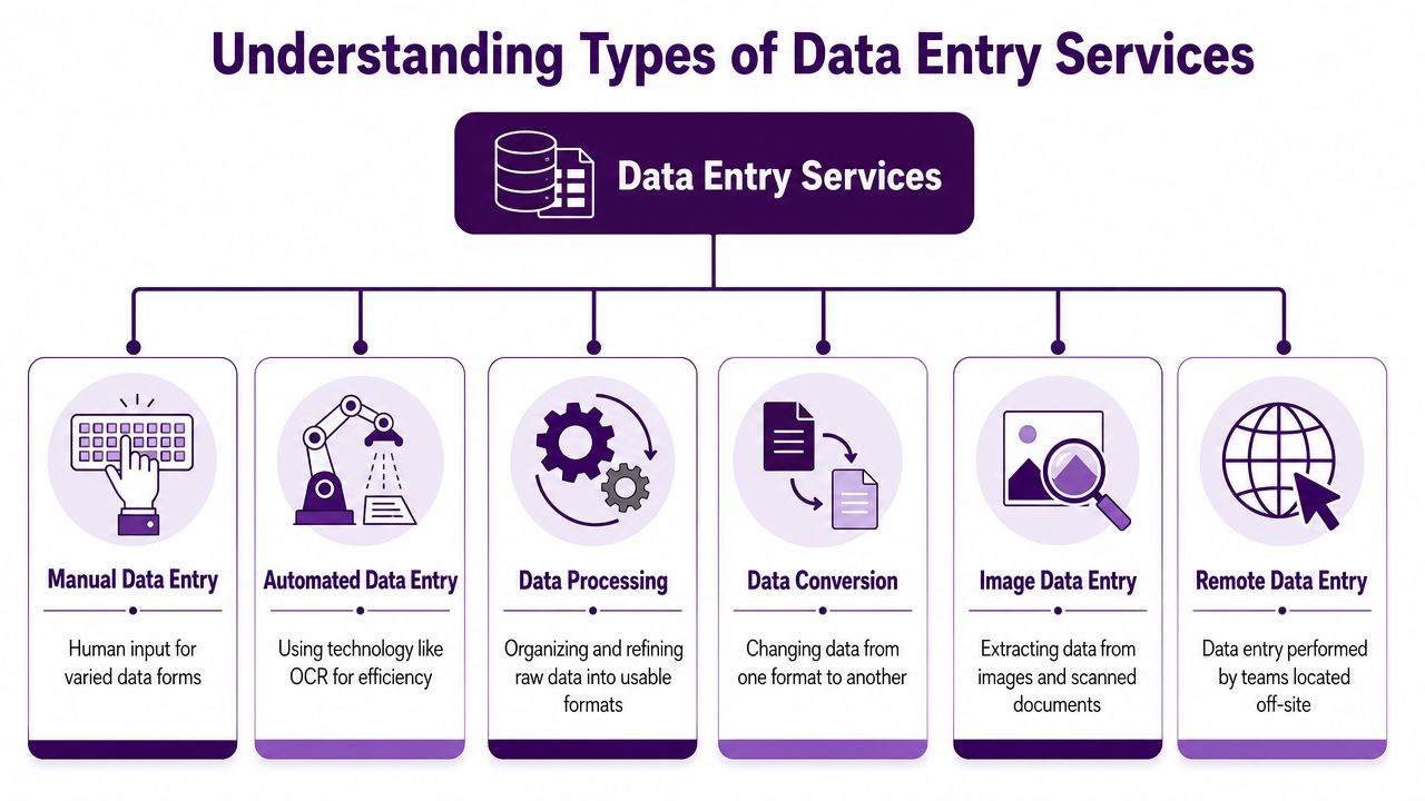 Data Entry Services: A Guide to Boosting Business Efficiency 1 A flowchart infographic detailing six different types of professional data entry services and their primary functions.