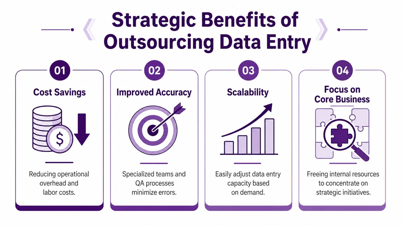 Data Entry Services: A Guide to Boosting Business Efficiency 3 An infographic showing four strategic benefits of outsourcing data entry services including cost savings, accuracy, scalability, and focus.
