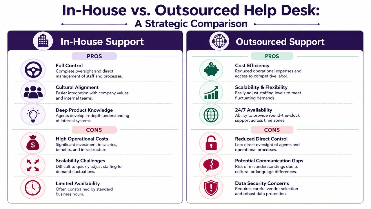 Help Desk Support: A Complete Guide for Growing Businesses 3 A comparison infographic detailing the pros and cons of in-house versus outsourced help desk support services.