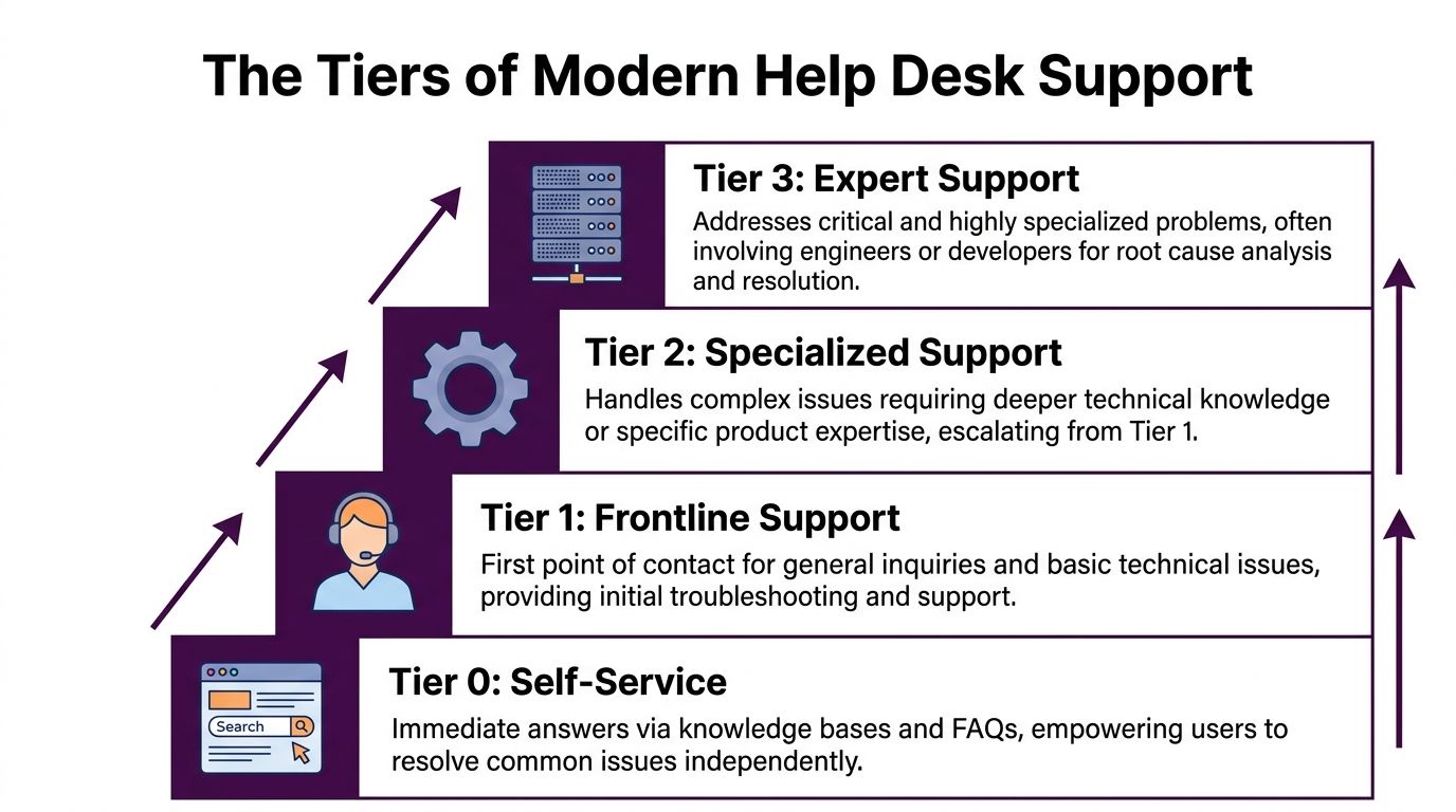 Help Desk Support: A Complete Guide for Growing Businesses 1 A diagram illustrating the four tiers of modern help desk support ranging from self-service to expert support.