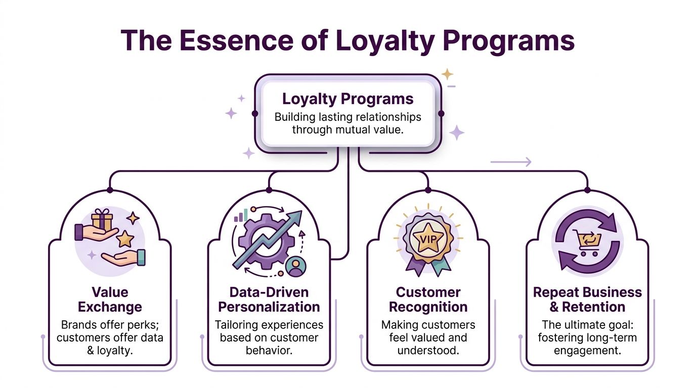 Loyalty Programs: A Guide to Customer Retention & Growth 1 A diagram outlining the four key elements of loyalty programs: value exchange, personalization, recognition, and retention.
