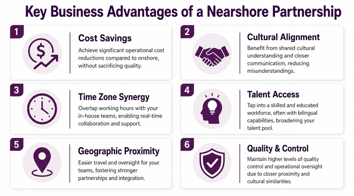 Nearshore Call Center: How to Choose the Right Partner in 2026 1 An infographic showing six key business advantages of a nearshore partnership, including cost savings and proximity.