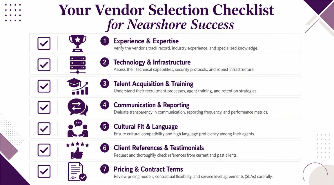 Nearshore Call Center: How to Choose the Right Partner in 2026 2 A checklist infographic titled Your Vendor Selection Checklist for Nearshore Success outlining seven essential criteria for choosing partners.